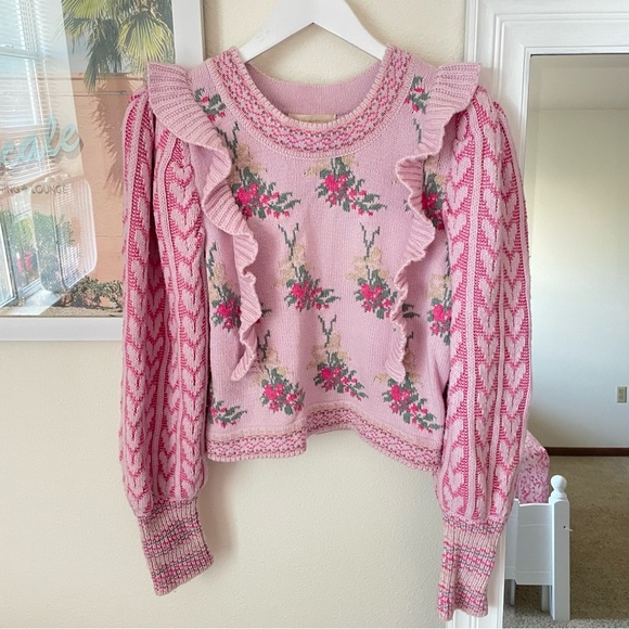 LoveShackFancy Warwick Ruffle Crewneck Sweater in Strawberry Floral Size Medium - Picture 5 of 11